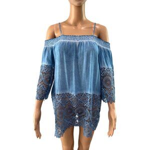 Andree Blue Off the Shoulder Lace Top, size medium